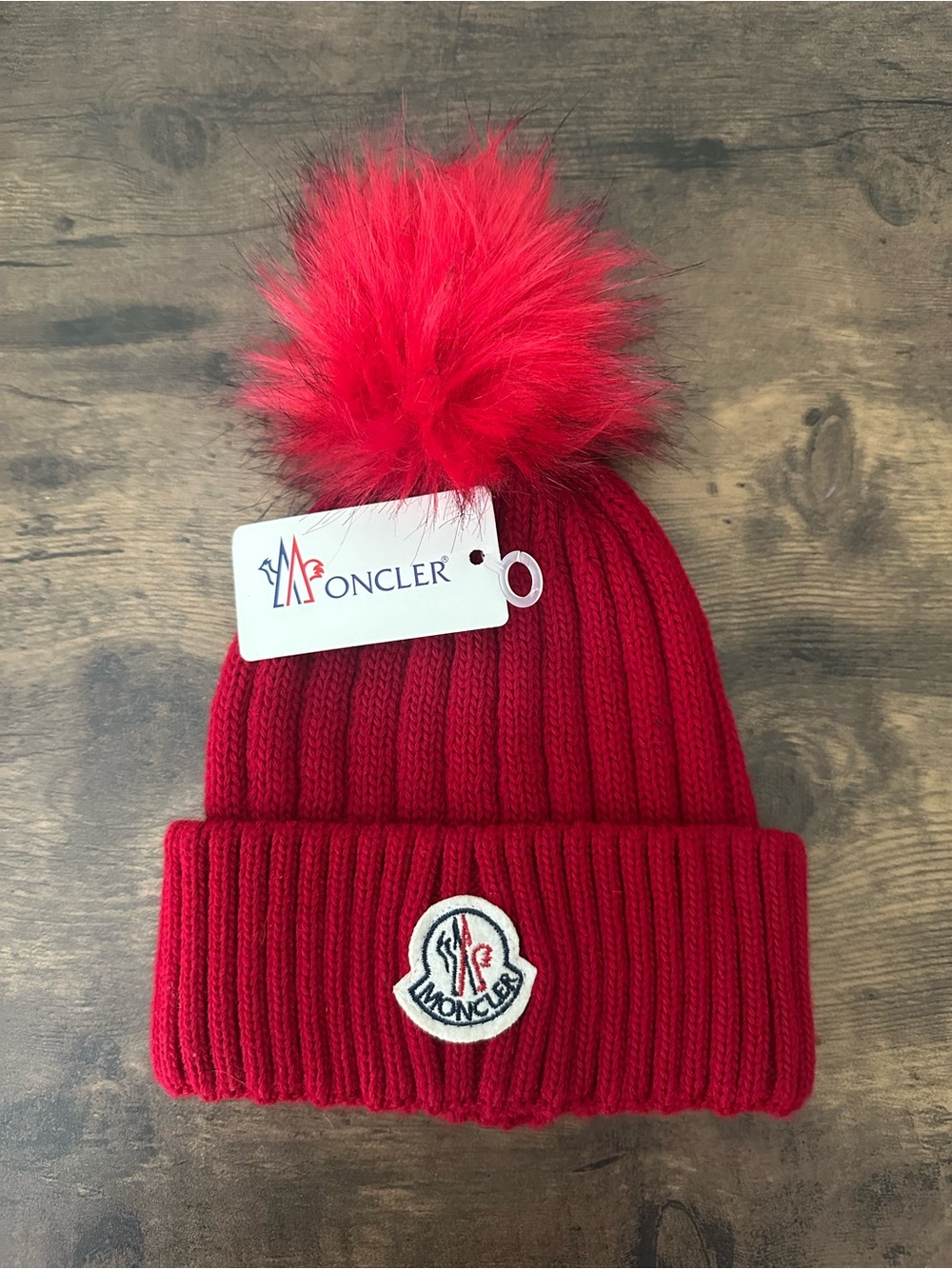 Moncler Kids Red Rib Knit Beanie with Fur Pom